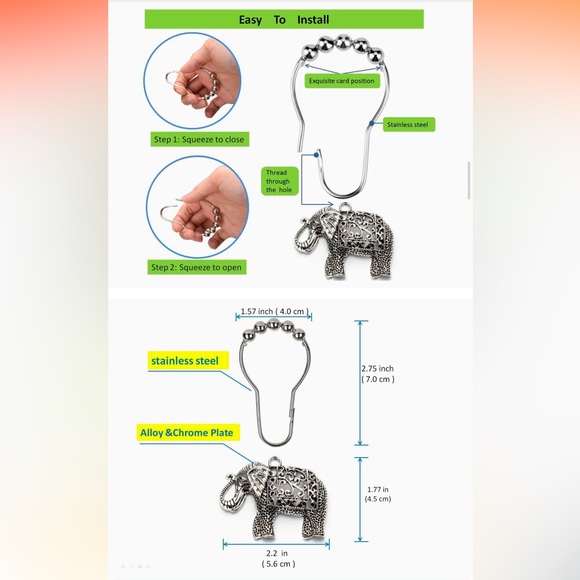 NEW IN BOX! 🛁🐘🚿 12 ANTIQUE SILVER ELEPHANT RUST PROOF SHOWER RINGS & HOOKS SET - Picture 12 of 16